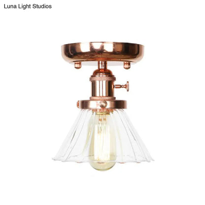 Semi Flush Mount Industrial Ceiling Light Fixture with Globe/Wide Flare/Diamond Design and Clear/Amber Glass Shade