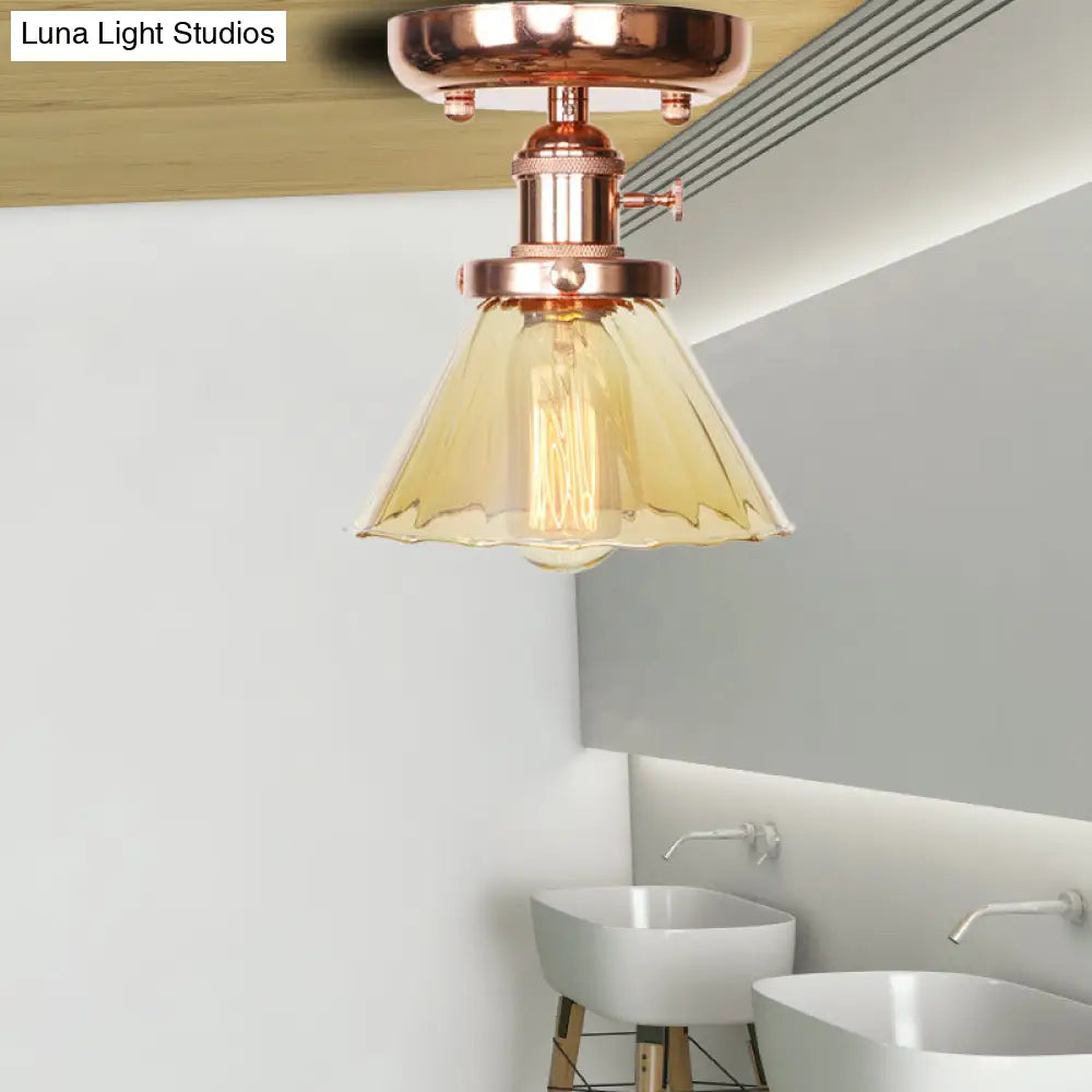 Semi Flush Mount Industrial Ceiling Light Fixture with Globe/Wide Flare/Diamond Design and Clear/Amber Glass Shade