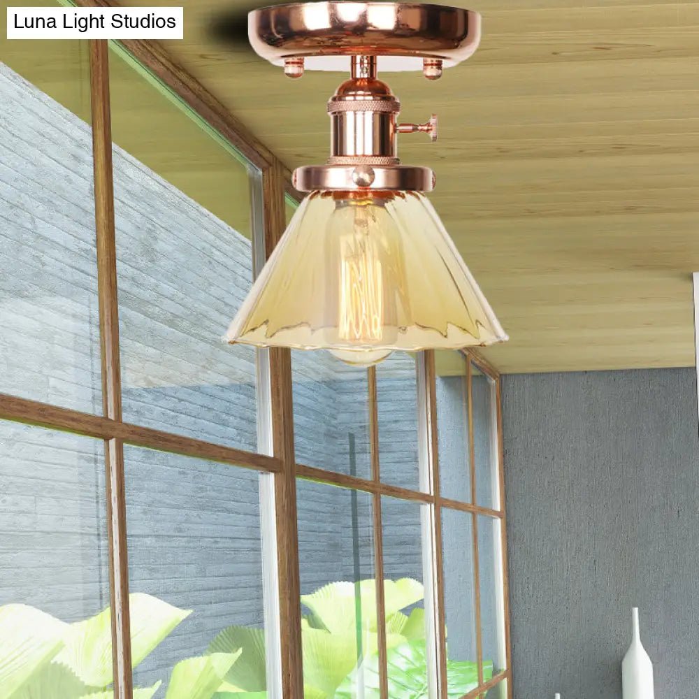 Semi Flush Mount Industrial Ceiling Light Fixture with Globe/Wide Flare/Diamond Design and Clear/Amber Glass Shade