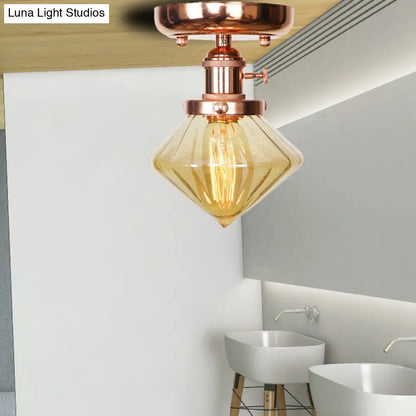 Semi Flush Mount Industrial Ceiling Light Fixture with Globe/Wide Flare/Diamond Design and Clear/Amber Glass Shade