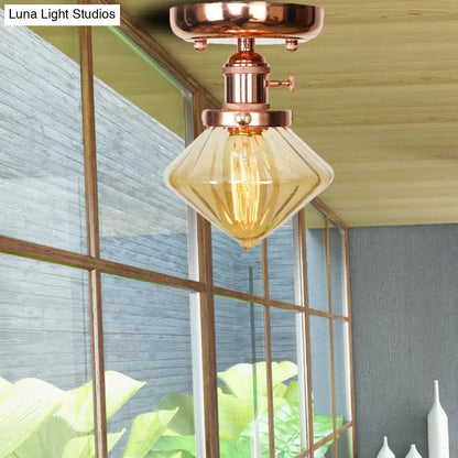 Semi Flush Mount Industrial Ceiling Light Fixture with Globe/Wide Flare/Diamond Design and Clear/Amber Glass Shade