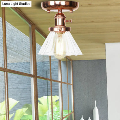 Semi Flush Mount Industrial Ceiling Light Fixture with Globe/Wide Flare/Diamond Design and Clear/Amber Glass Shade