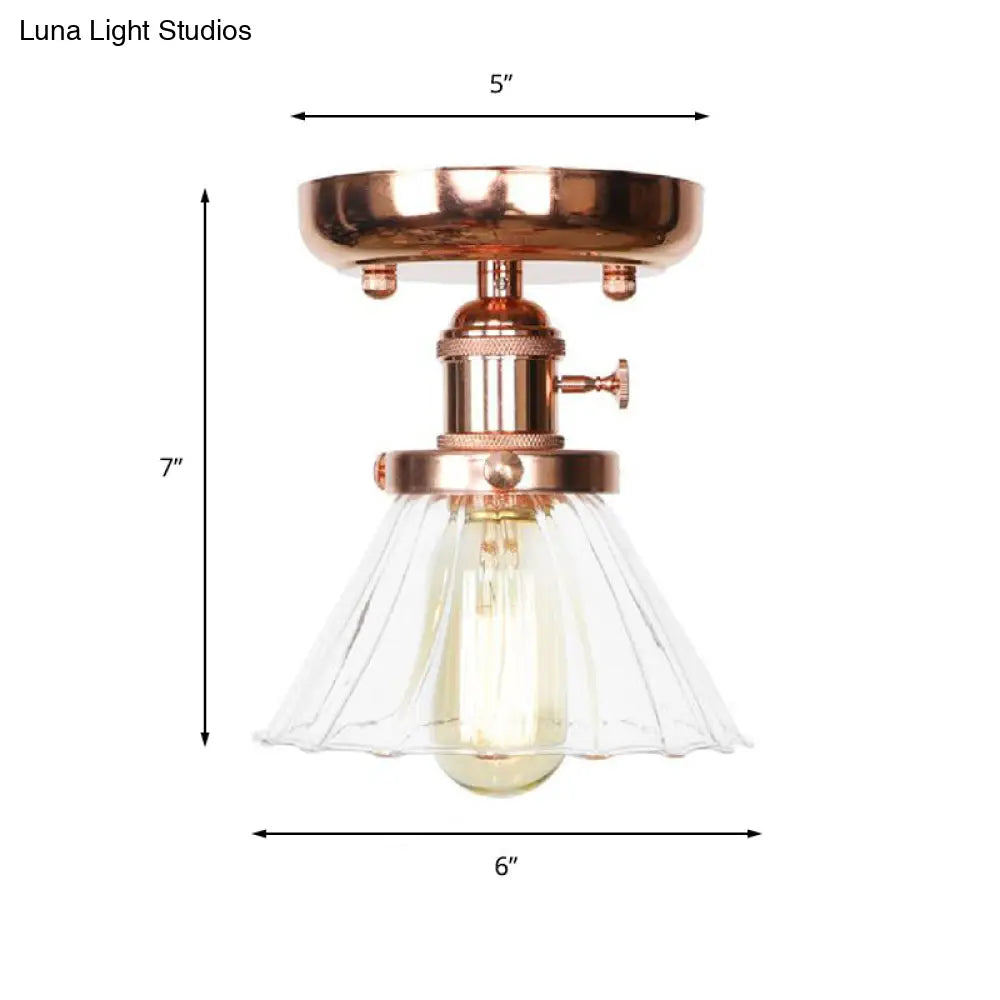 Semi Flush Mount Industrial Ceiling Light Fixture with Globe/Wide Flare/Diamond Design and Clear/Amber Glass Shade