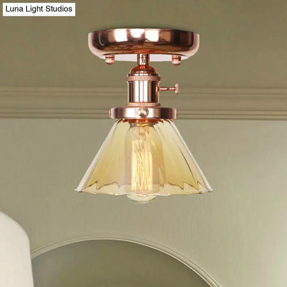 Semi Flush Mount Industrial Ceiling Light Fixture with Globe/Wide Flare/Diamond Design and Clear/Amber Glass Shade