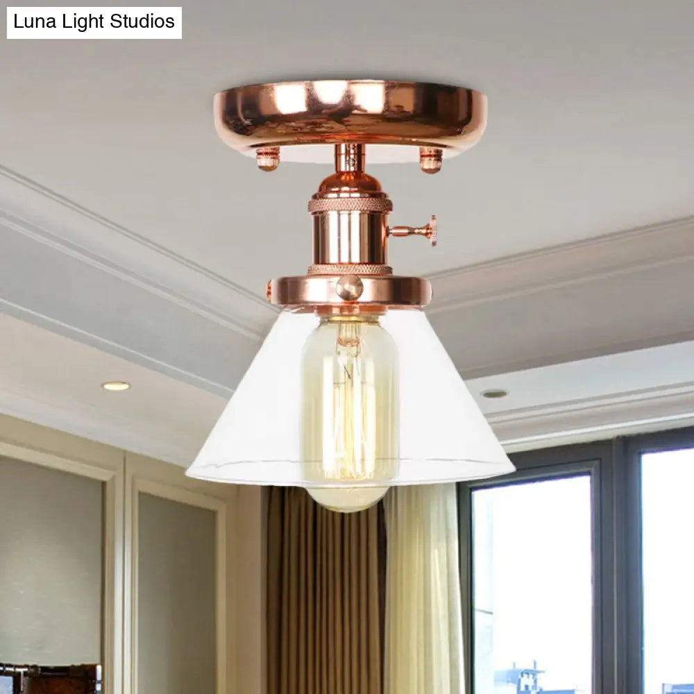 Semi Flush Mount Industrial Ceiling Light Fixture with Globe/Wide Flare/Diamond Design and Clear/Amber Glass Shade