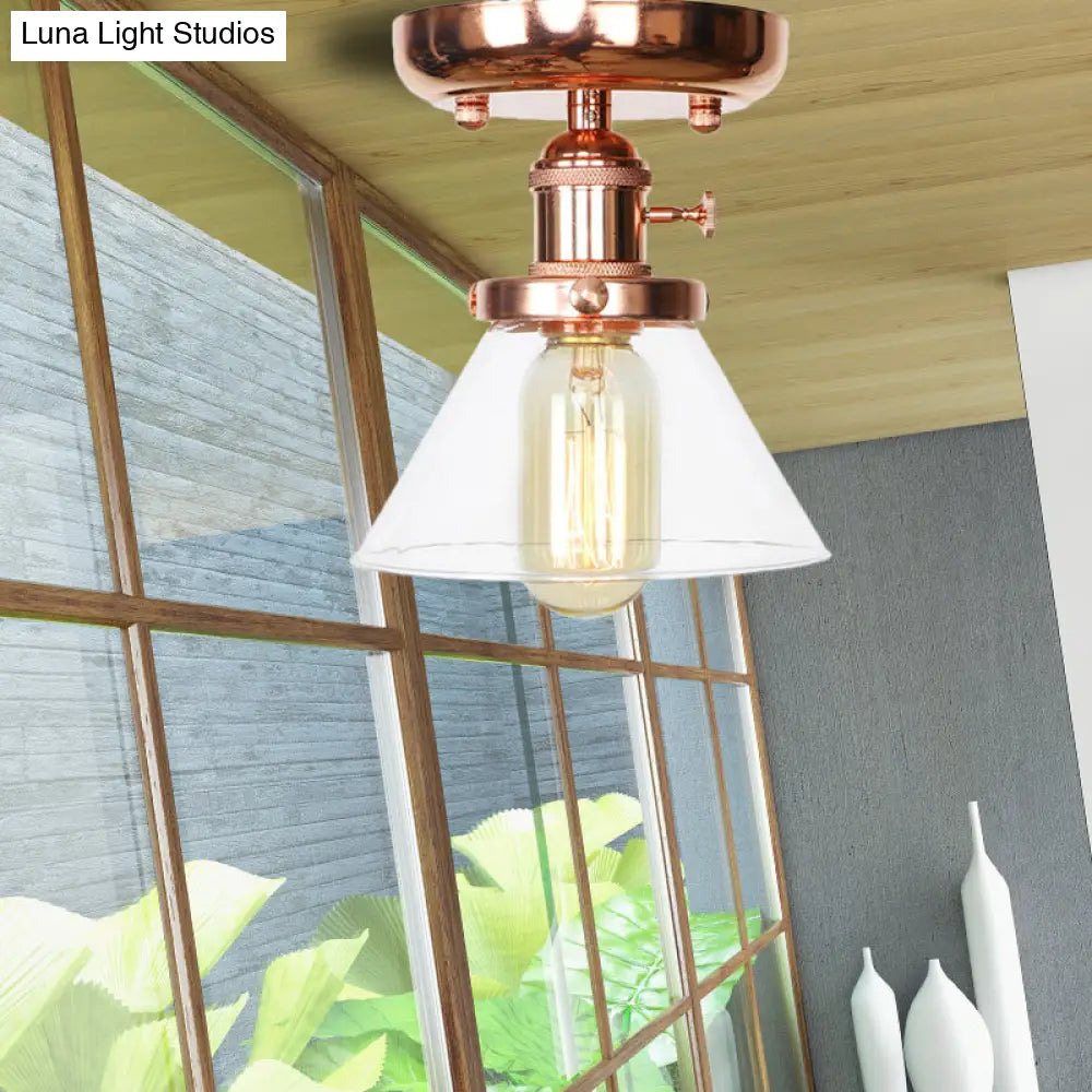 Semi Flush Mount Industrial Ceiling Light Fixture with Globe/Wide Flare/Diamond Design and Clear/Amber Glass Shade