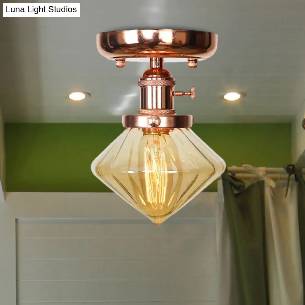 Semi Flush Mount Industrial Ceiling Light Fixture with Globe/Wide Flare/Diamond Design and Clear/Amber Glass Shade