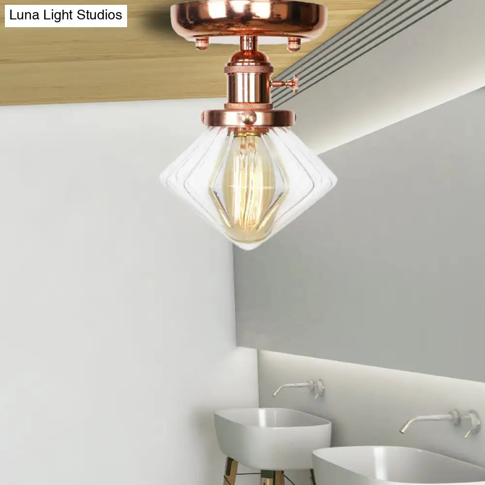 Semi Flush Mount Industrial Ceiling Light Fixture with Globe/Wide Flare/Diamond Design and Clear/Amber Glass Shade