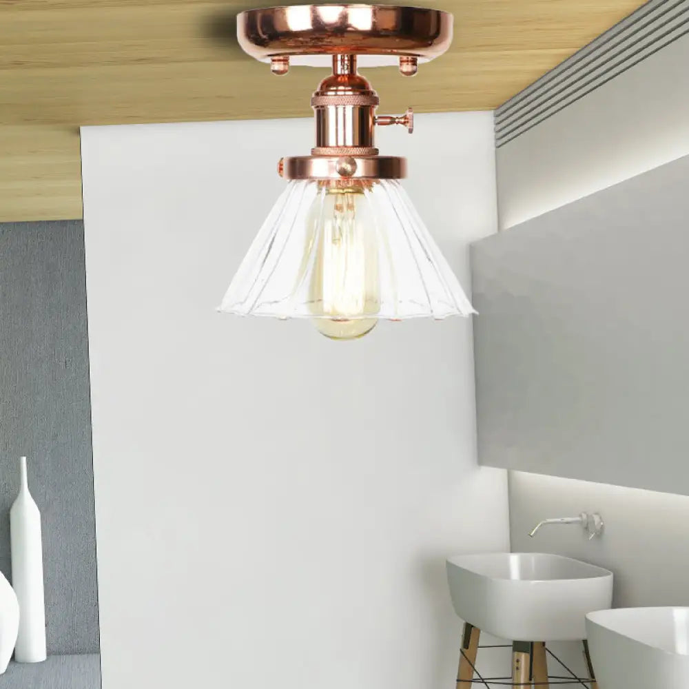 Semi Flush Mount Industrial Ceiling Light Fixture with Globe/Wide Flare/Diamond Design and Clear/Amber Glass Shade