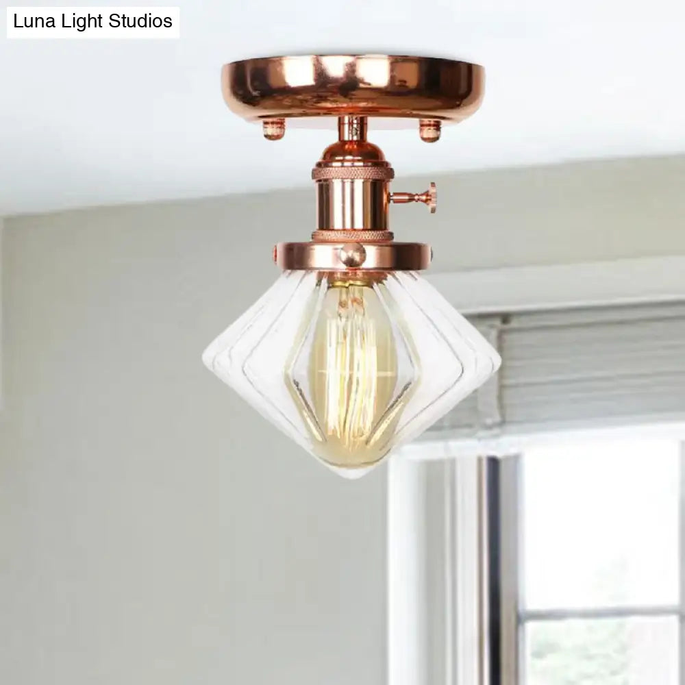 Semi Flush Mount Industrial Ceiling Light Fixture with Globe/Wide Flare/Diamond Design and Clear/Amber Glass Shade