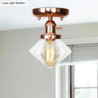 Semi Flush Mount Industrial Ceiling Light Fixture with Globe/Wide Flare/Diamond Design and Clear/Amber Glass Shade