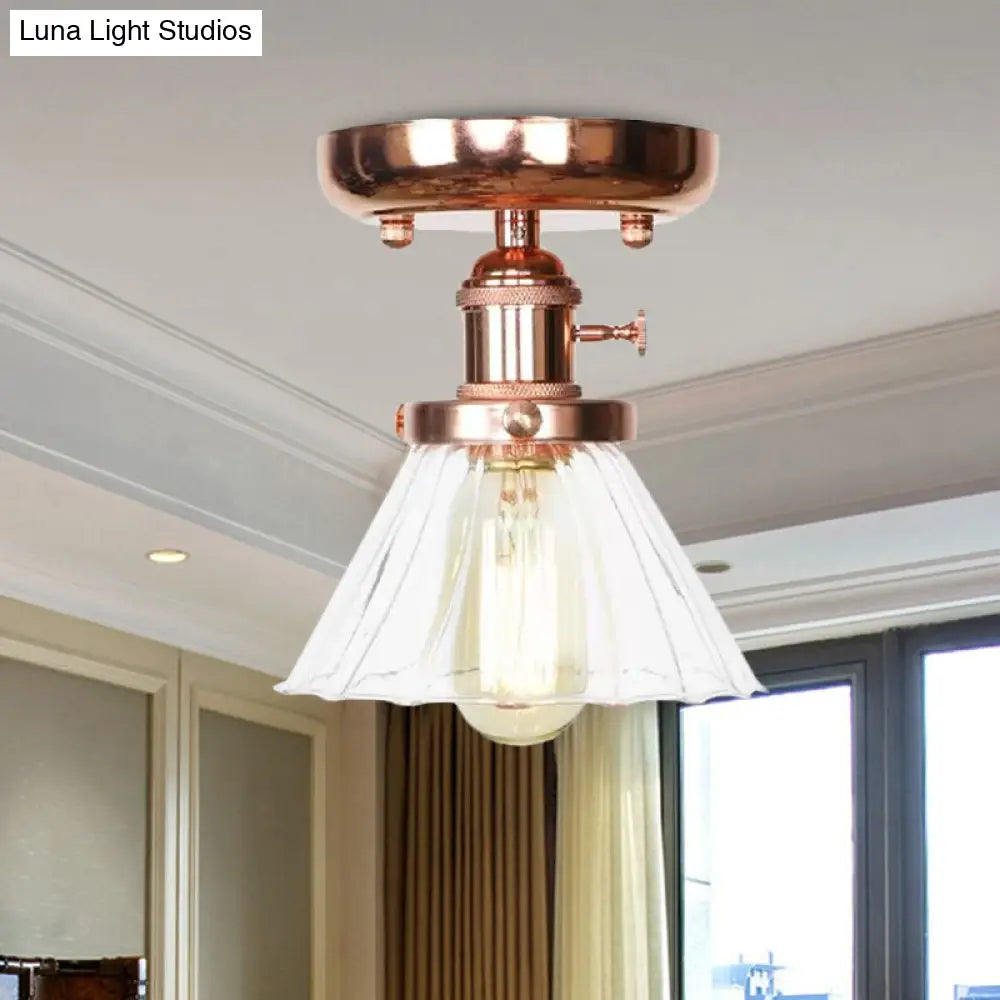 Semi Flush Mount Industrial Ceiling Light Fixture with Globe/Wide Flare/Diamond Design and Clear/Amber Glass Shade