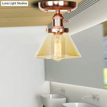 Semi Flush Mount Industrial Ceiling Light Fixture with Globe/Wide Flare/Diamond Design and Clear/Amber Glass Shade