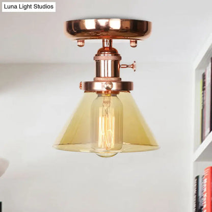 Semi Flush Mount Industrial Ceiling Light Fixture with Globe/Wide Flare/Diamond Design and Clear/Amber Glass Shade