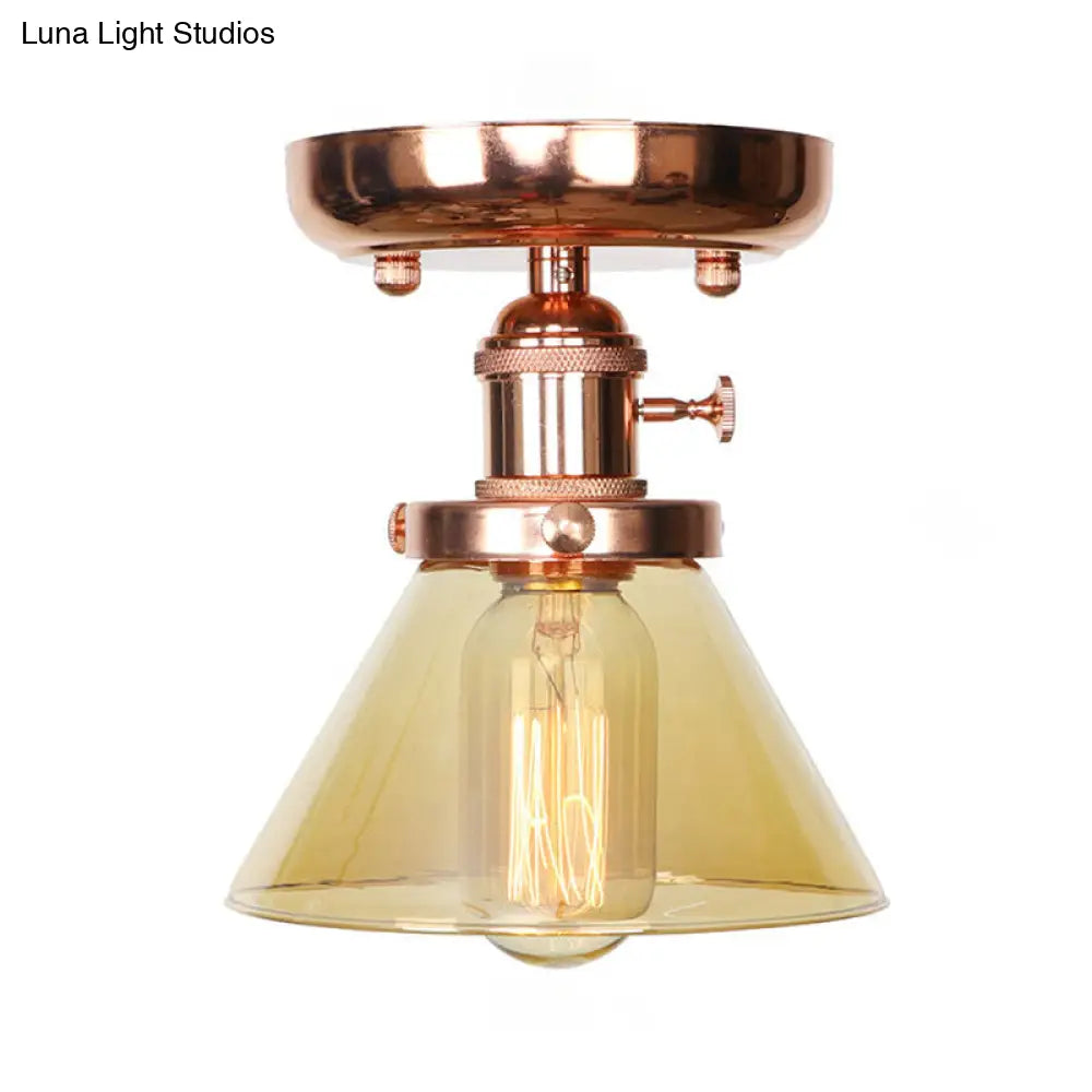 Semi Flush Mount Industrial Ceiling Light Fixture with Globe/Wide Flare/Diamond Design and Clear/Amber Glass Shade