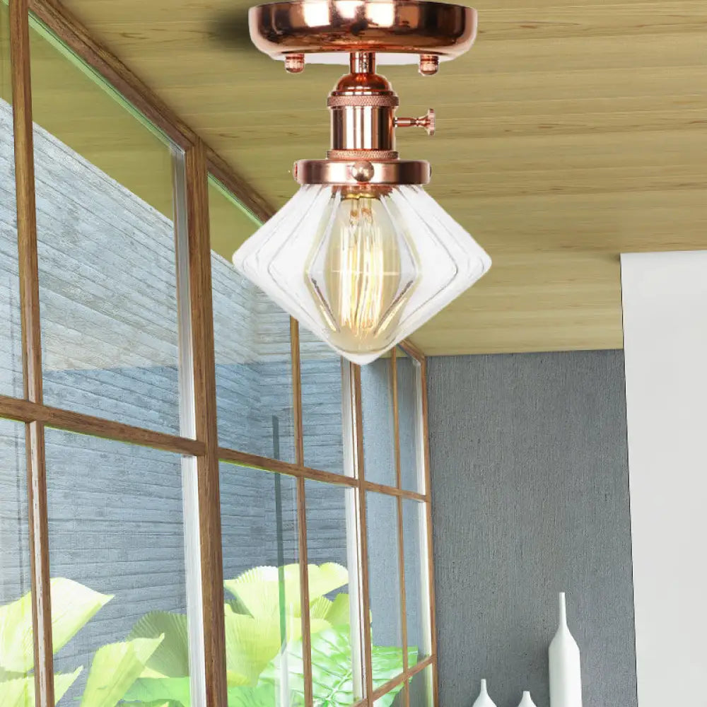 Semi Flush Mount Industrial Ceiling Light Fixture with Globe/Wide Flare/Diamond Design and Clear/Amber Glass Shade