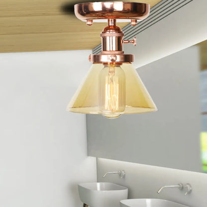 Semi Flush Mount Industrial Ceiling Light Fixture with Globe/Wide Flare/Diamond Design and Clear/Amber Glass Shade