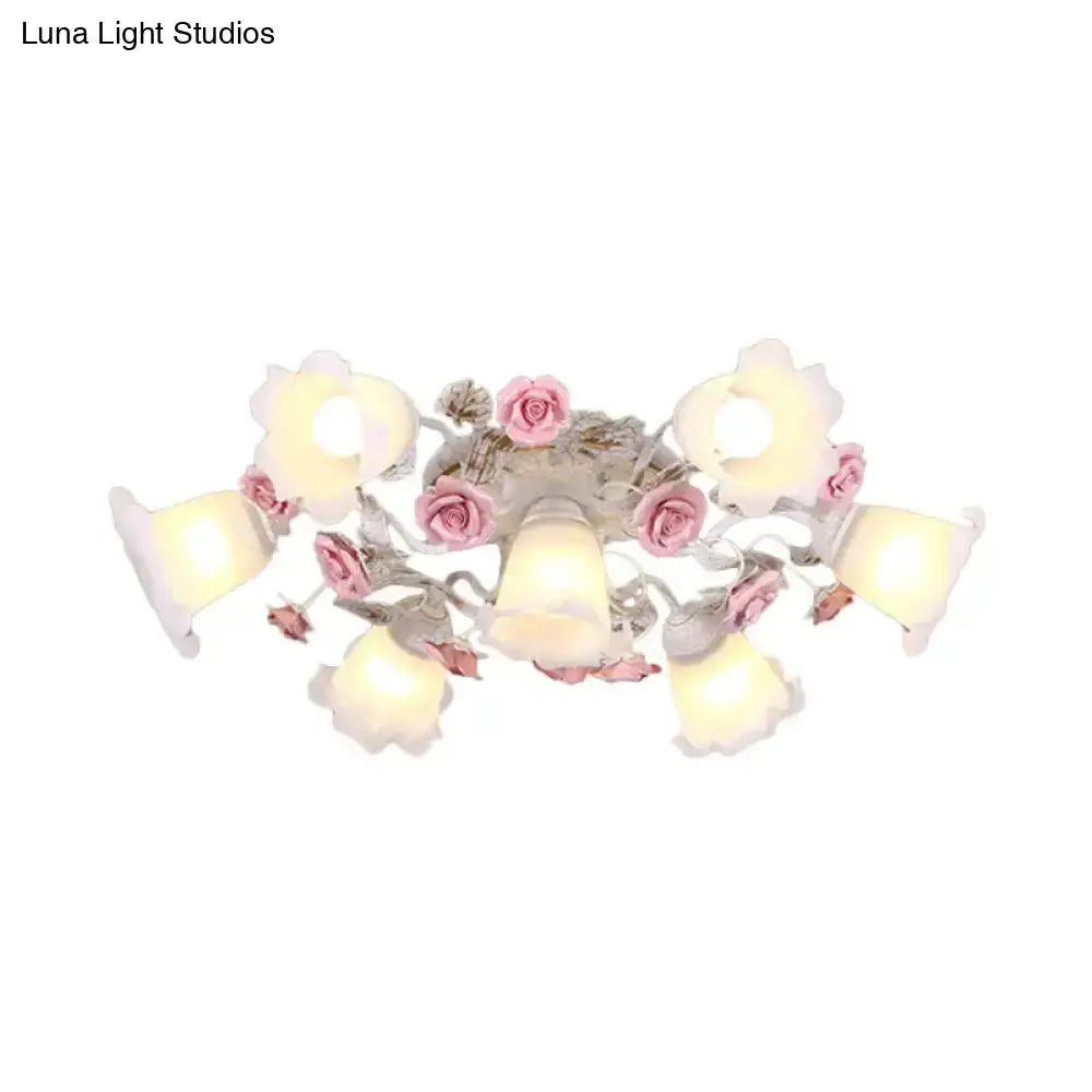 DecorBites™ DecorBites™ Semi Flush Mount Korean Garden Ceiling Light with Floral Frosted Glass Shade - 4/6/7 Heads