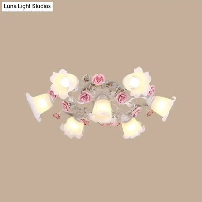 DecorBites™ DecorBites™ Semi Flush Mount Korean Garden Ceiling Light with Floral Frosted Glass Shade - 4/6/7 Heads