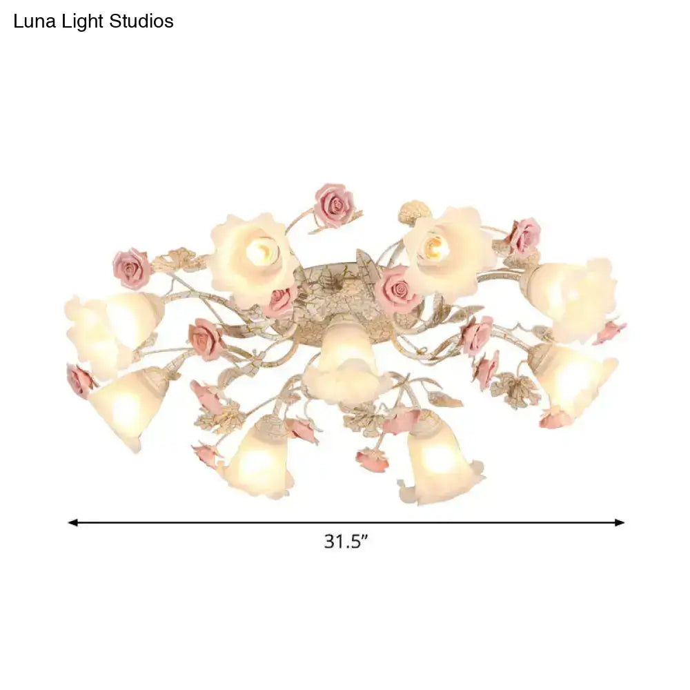 DecorBites™ DecorBites™ Semi Flush Mount Korean Garden Ceiling Light with Floral Frosted Glass Shade - 4/6/7 Heads