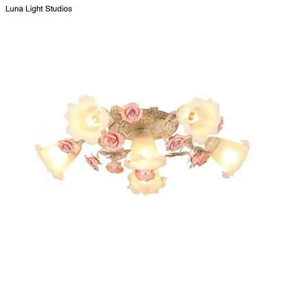 DecorBites™ DecorBites™ Semi Flush Mount Korean Garden Ceiling Light with Floral Frosted Glass Shade - 4/6/7 Heads