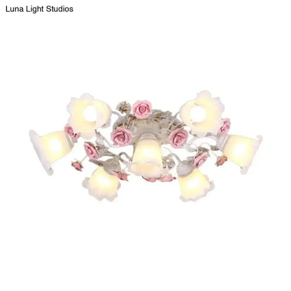 DecorBites™ DecorBites™ Semi Flush Mount Korean Garden Ceiling Light with Floral Frosted Glass Shade - 4/6/7 Heads