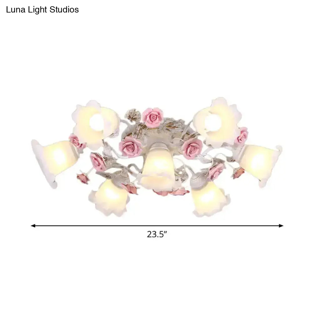 DecorBites™ DecorBites™ Semi Flush Mount Korean Garden Ceiling Light with Floral Frosted Glass Shade - 4/6/7 Heads