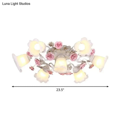 DecorBites™ DecorBites™ Semi Flush Mount Korean Garden Ceiling Light with Floral Frosted Glass Shade - 4/6/7 Heads