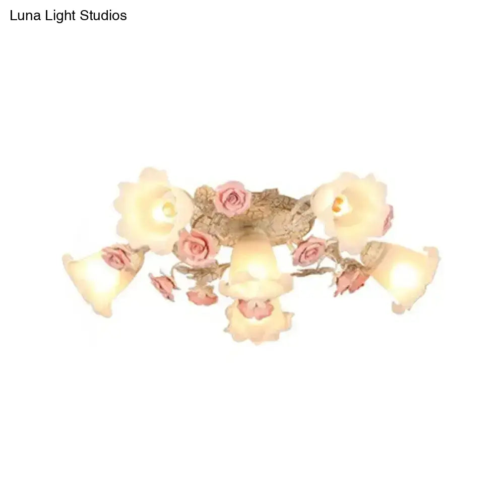 DecorBites™ DecorBites™ Semi Flush Mount Korean Garden Ceiling Light with Floral Frosted Glass Shade - 4/6/7 Heads