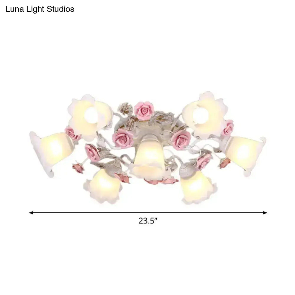 DecorBites™ DecorBites™ Semi Flush Mount Korean Garden Ceiling Light with Floral Frosted Glass Shade - 4/6/7 Heads