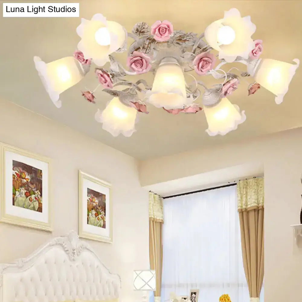 DecorBites™ DecorBites™ Semi Flush Mount Korean Garden Ceiling Light with Floral Frosted Glass Shade - 4/6/7 Heads