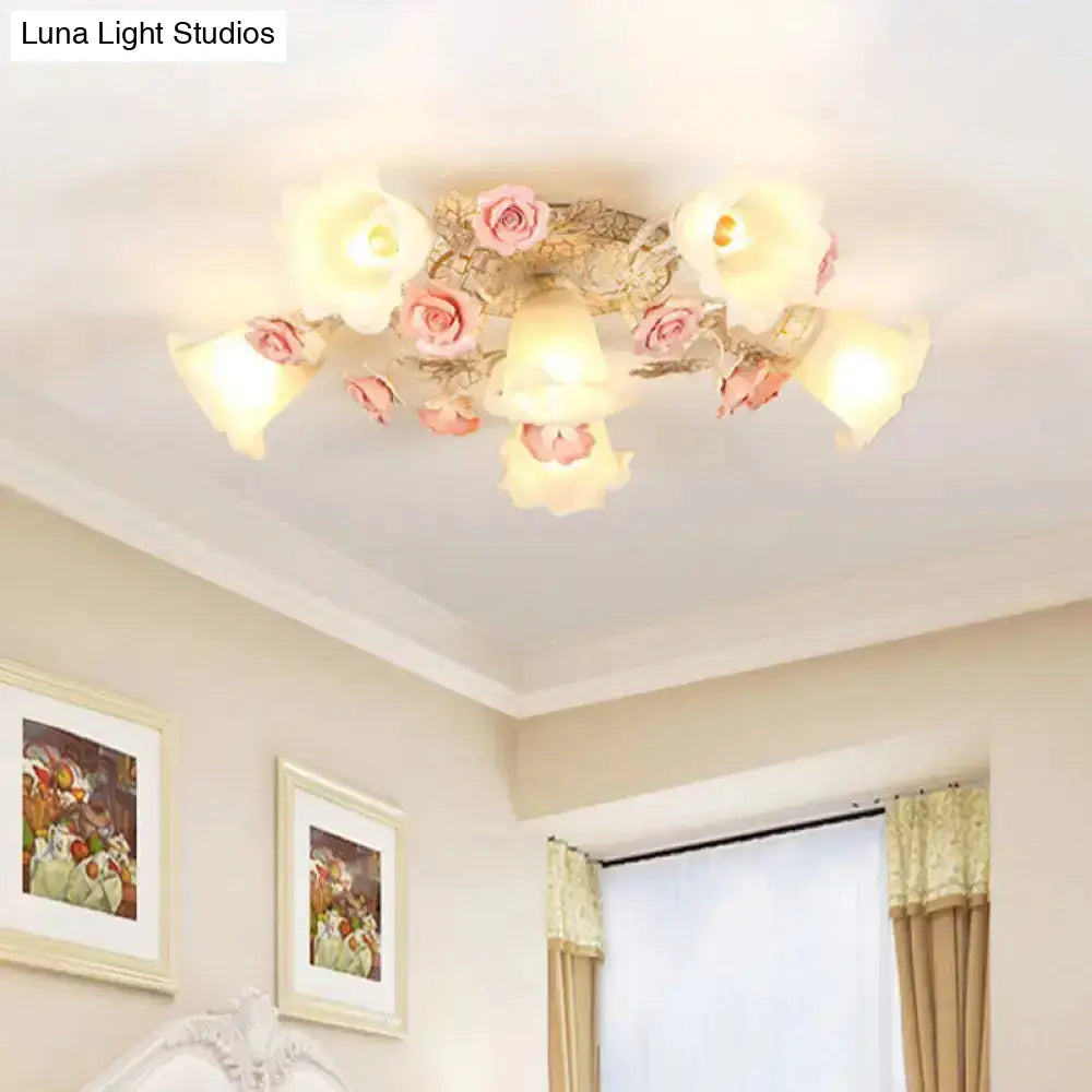 DecorBites™ DecorBites™ Semi Flush Mount Korean Garden Ceiling Light with Floral Frosted Glass Shade - 4/6/7 Heads