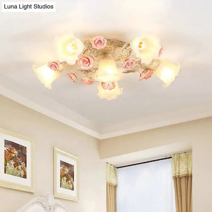 DecorBites™ DecorBites™ Semi Flush Mount Korean Garden Ceiling Light with Floral Frosted Glass Shade - 4/6/7 Heads