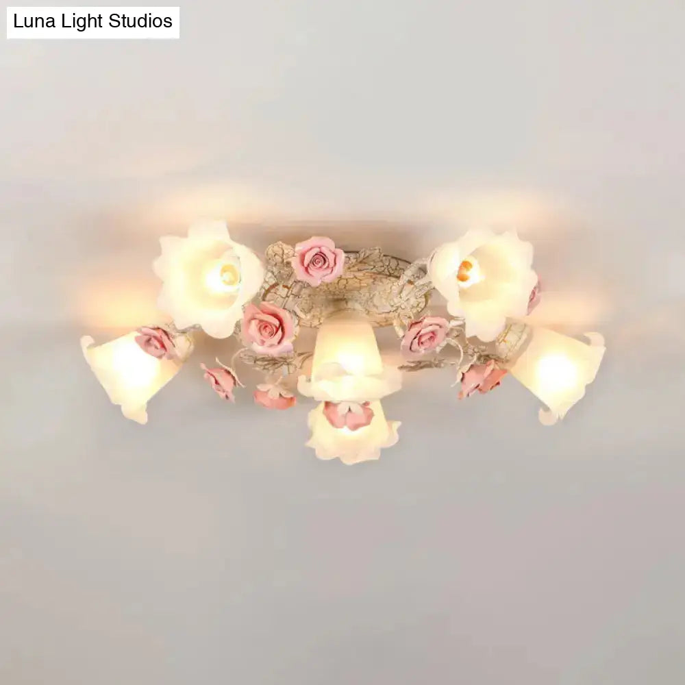 DecorBites™ DecorBites™ Semi Flush Mount Korean Garden Ceiling Light with Floral Frosted Glass Shade - 4/6/7 Heads