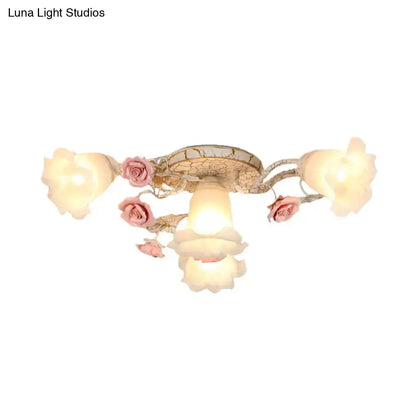 DecorBites™ DecorBites™ Semi Flush Mount Korean Garden Ceiling Light with Floral Frosted Glass Shade - 4/6/7 Heads