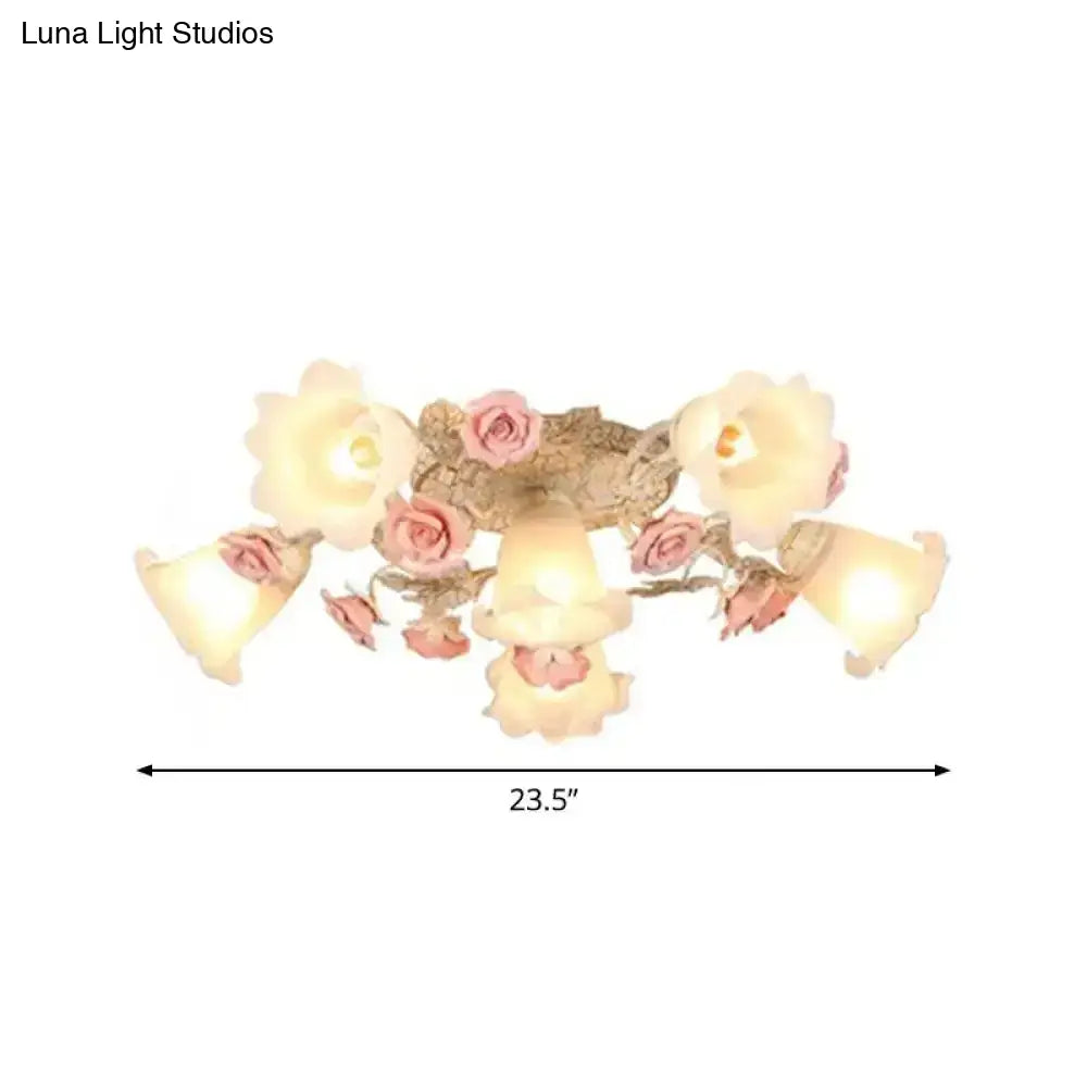 DecorBites™ DecorBites™ Semi Flush Mount Korean Garden Ceiling Light with Floral Frosted Glass Shade - 4/6/7 Heads