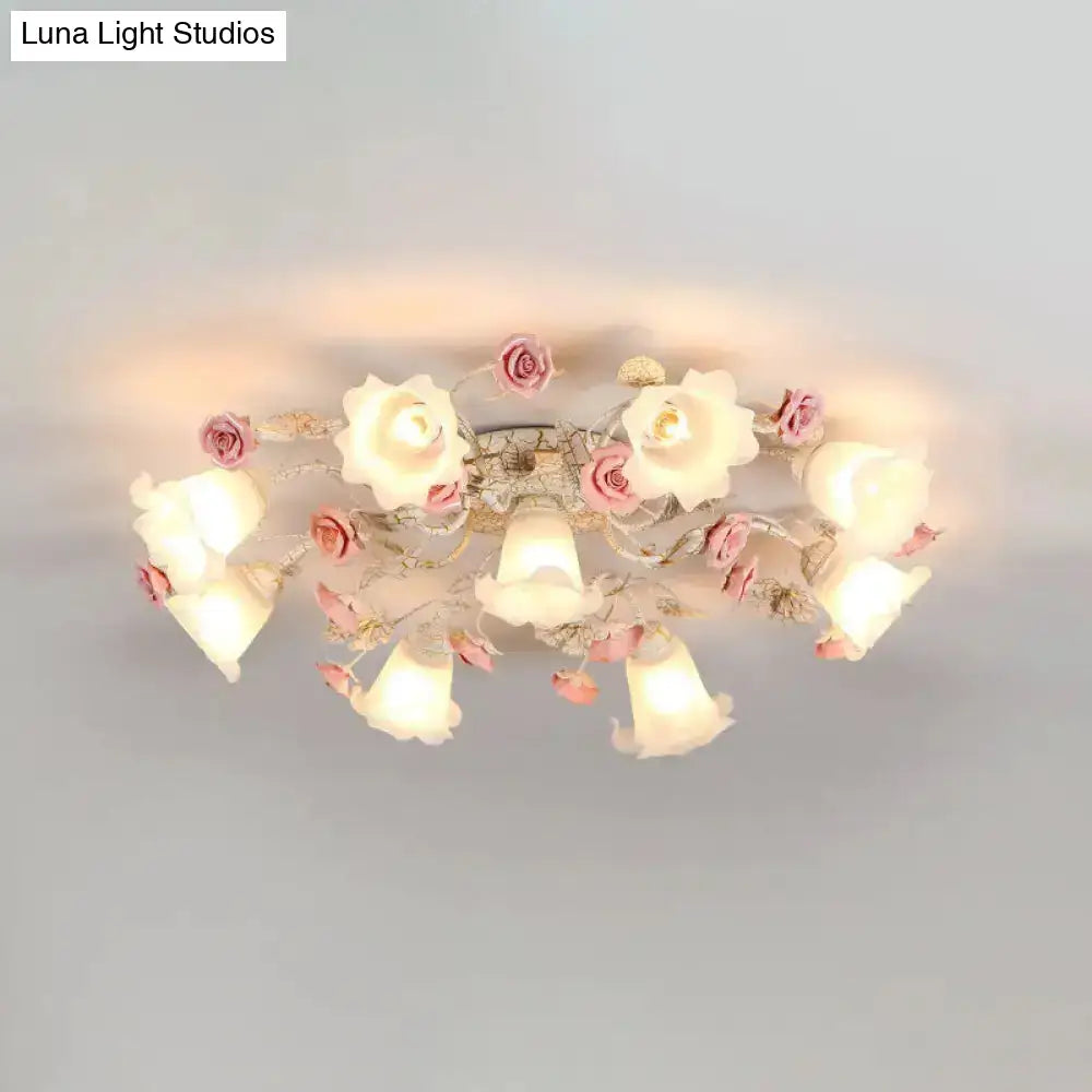 DecorBites™ DecorBites™ Semi Flush Mount Korean Garden Ceiling Light with Floral Frosted Glass Shade - 4/6/7 Heads