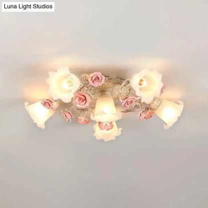 DecorBites™ DecorBites™ Semi Flush Mount Korean Garden Ceiling Light with Floral Frosted Glass Shade - 4/6/7 Heads