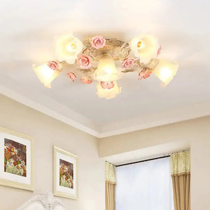 DecorBites™ DecorBites™ Semi Flush Mount Korean Garden Ceiling Light with Floral Frosted Glass Shade - 4/6/7 Heads