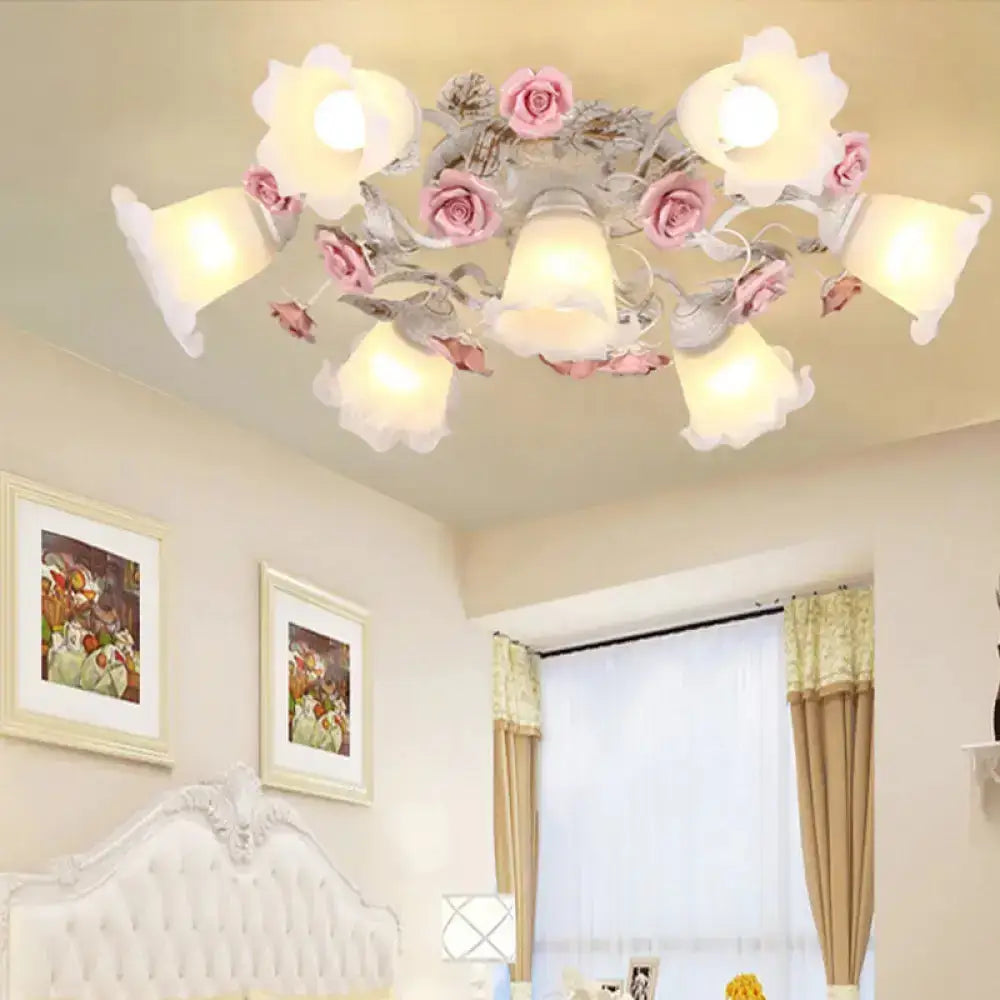 DecorBites™ DecorBites™ Semi Flush Mount Korean Garden Ceiling Light with Floral Frosted Glass Shade - 4/6/7 Heads