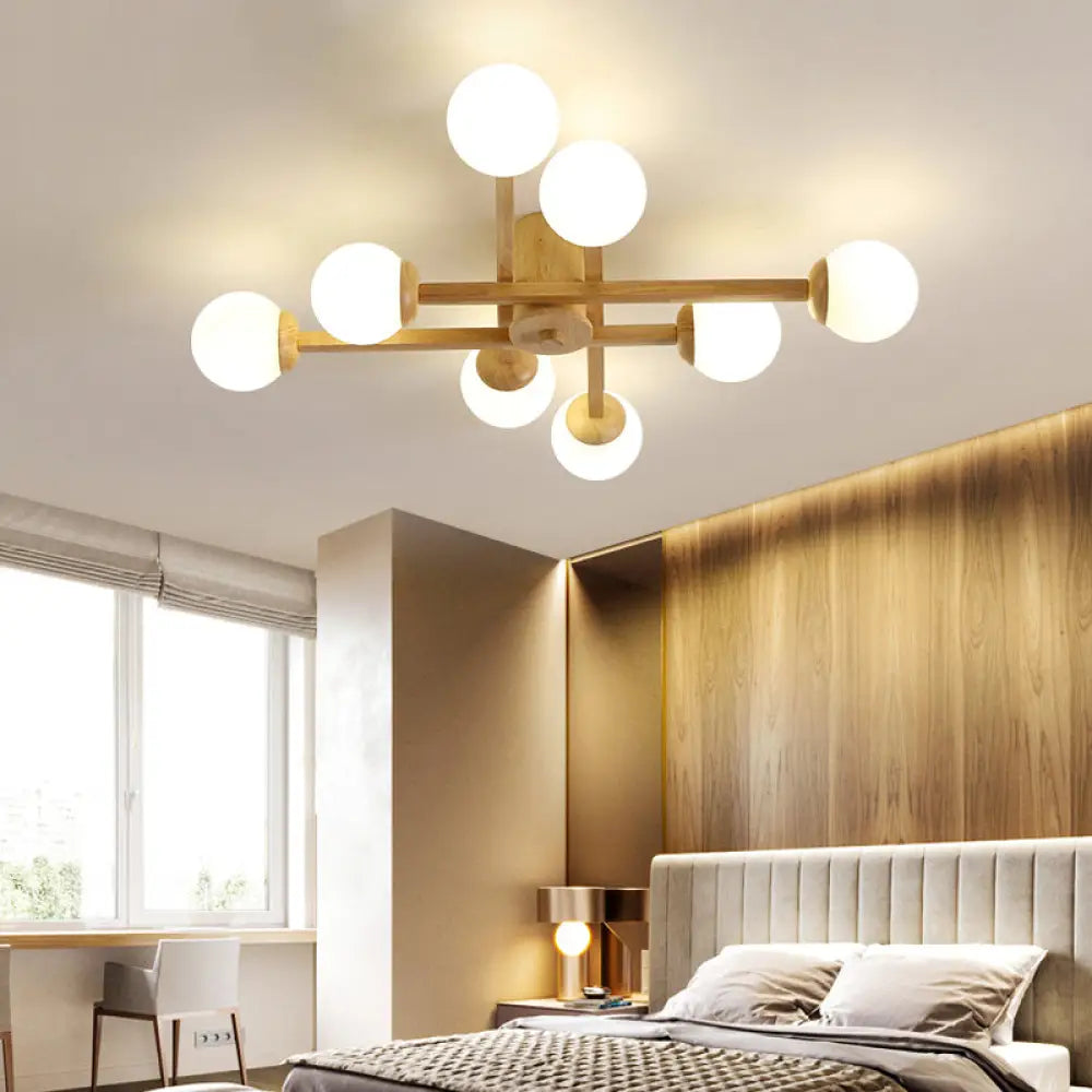 DecorBites™ DecorBites™ Semi Flush Mount Opal Glass Chandelier with Simplicity Design for Living Room in Wood Finish