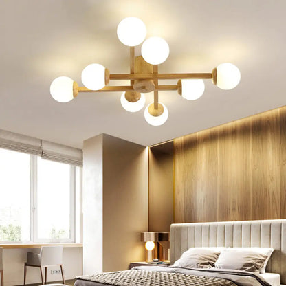 DecorBites™ DecorBites™ Semi Flush Mount Opal Glass Chandelier with Simplicity Design for Living Room in Wood Finish