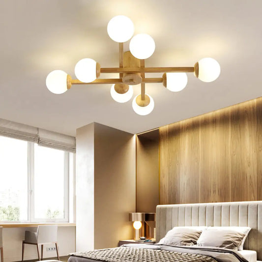 DecorBites™ DecorBites™ Semi Flush Mount Opal Glass Chandelier with Simplicity Design for Living Room in Wood Finish