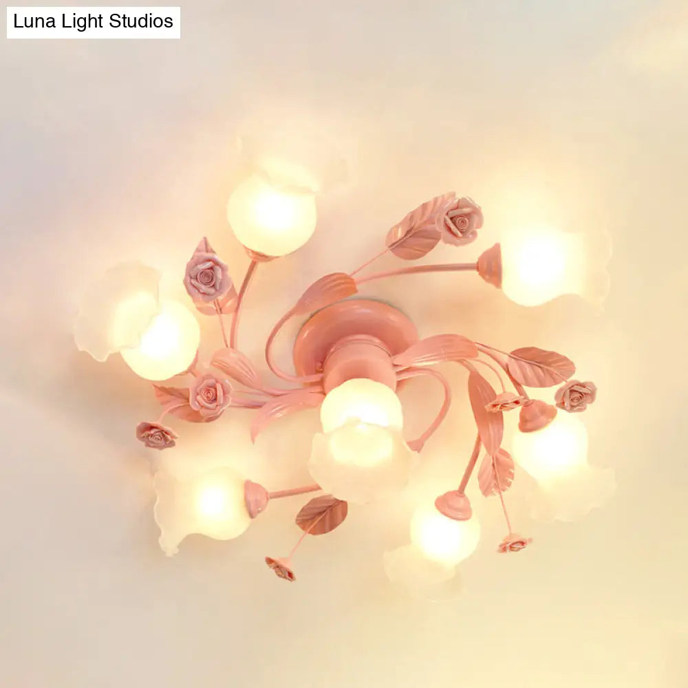 Semi Flush Mount Spiral Ceiling Light Fixture with 4/7 Bulbs, Traditional Pink Satin Opal Glass, Ideal for Bedroom Lighting