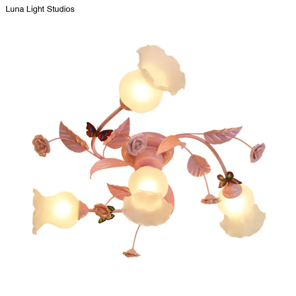 Semi Flush Mount Spiral Ceiling Light Fixture with 4/7 Bulbs, Traditional Pink Satin Opal Glass, Ideal for Bedroom Lighting