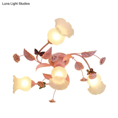 Semi Flush Mount Spiral Ceiling Light Fixture with 4/7 Bulbs, Traditional Pink Satin Opal Glass, Ideal for Bedroom Lighting