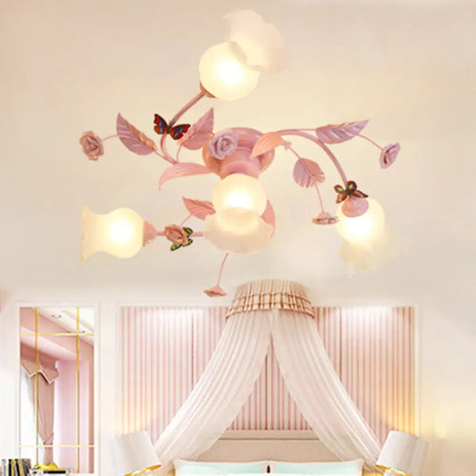 Semi Flush Mount Spiral Ceiling Light Fixture with 4/7 Bulbs, Traditional Pink Satin Opal Glass, Ideal for Bedroom Lighting