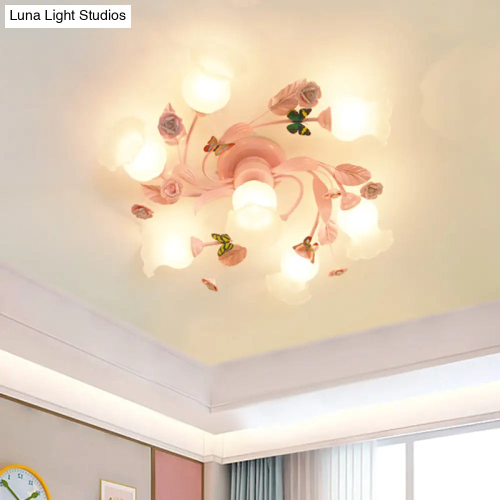 Semi Flush Mount Spiral Ceiling Light Fixture with 4/7 Bulbs, Traditional Pink Satin Opal Glass, Ideal for Bedroom Lighting