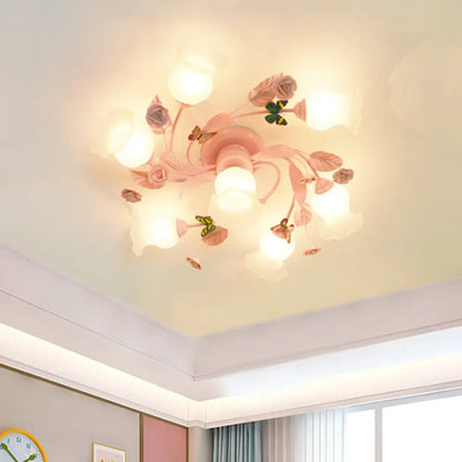 Semi Flush Mount Spiral Ceiling Light Fixture with 4/7 Bulbs, Traditional Pink Satin Opal Glass, Ideal for Bedroom Lighting