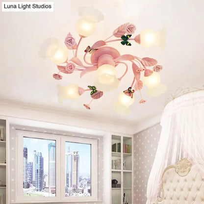 Semi Flush Mount Spiral Ceiling Light Fixture with 4/7 Bulbs, Traditional Pink Satin Opal Glass, Ideal for Bedroom Lighting